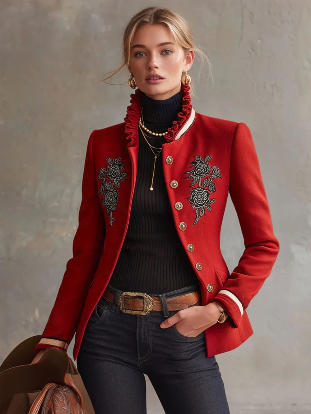 OYROSY Ruffled Stand-up Collar Rose Embroidered Jacket - Size Medium